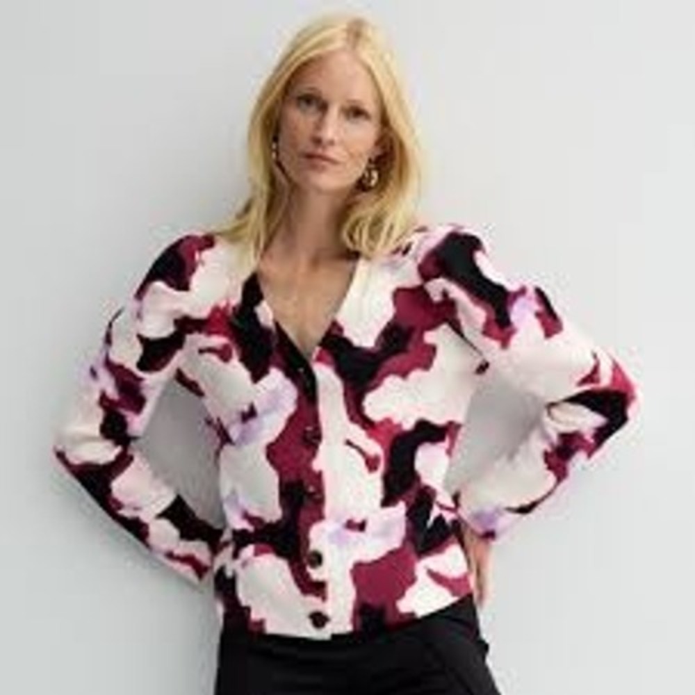 Nine West Floral Cardigan Pink Black Button Front Size M